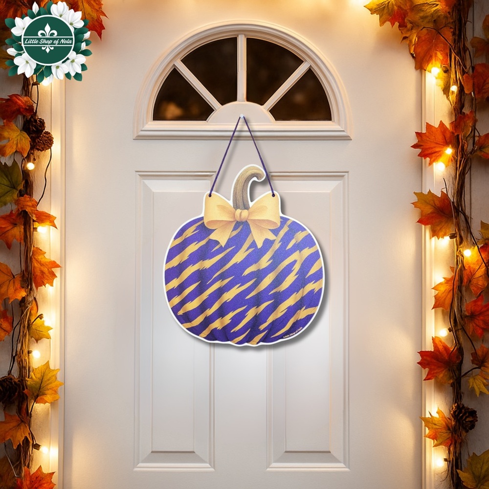 Purple Gold Tiger Stripes Bow Pumpkin Louisiana Wall Decor LSU Fall Door Hanger